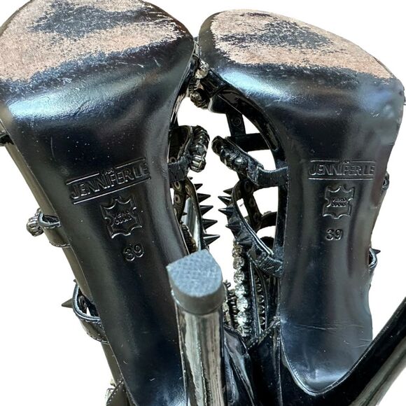 I AM JENNIFER LE Razor High Heel Black Patent Leather Crystal Sandals Size 39 - Picture 12 of 12